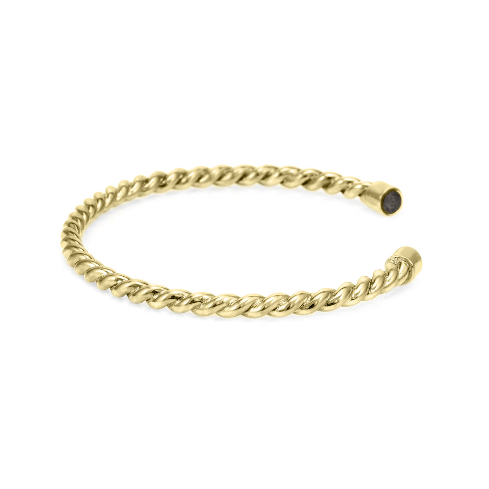 14k Yellow Gold Cable Cuff Cremation Bracelet with ashes shown from the side with a white background