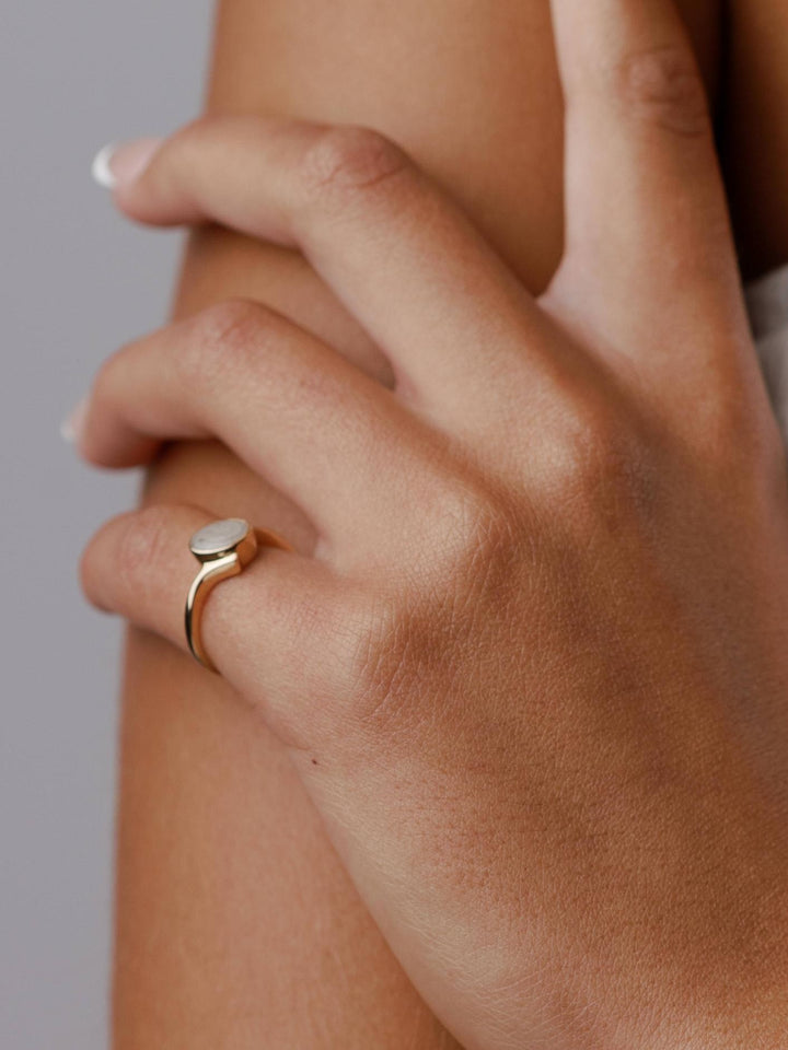 Tilted Oval Cremation Ring in 14K Yellow Gold