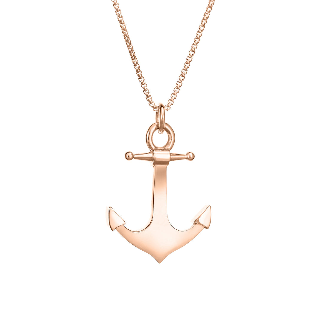 A close-up back view of Close By Me Jewelry's Anchor Cremation Pendant in 14k rose gold, hanging from a thin rose gold-filled chain against a white background.
