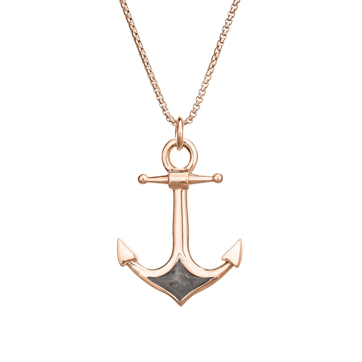 A close-up front view of Close By Me Jewelry's Anchor Cremation Pendant in 14k rose gold, hanging from a thin rose gold-filled chain against a white background.