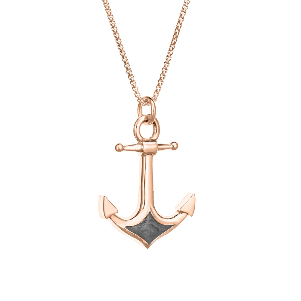 A close-up side view of Close By Me Jewelry's Anchor Cremation Pendant in 14k rose gold, hanging from a thin rose gold-filled chain against a white background.