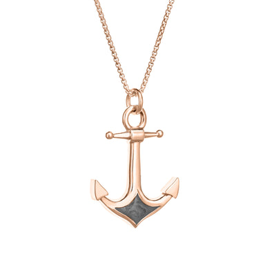 A close-up side view of Close By Me Jewelry's Anchor Cremation Pendant in 14k rose gold, hanging from a thin rose gold-filled chain against a white background.