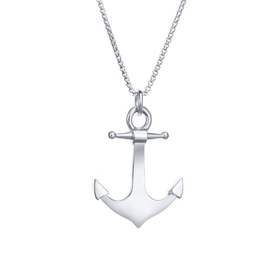 A close-up back view of Close By Me Jewelry's Anchor Cremation Pendant in sterling silver, hanging from a thin sterling silver chain against a white background.