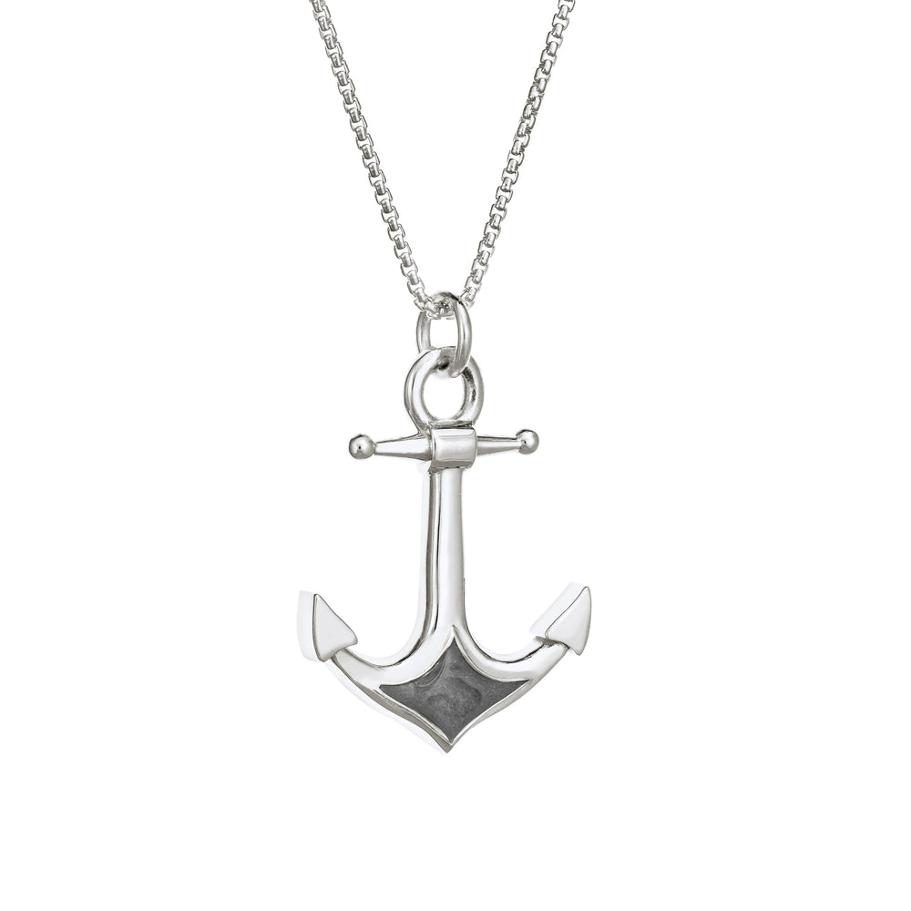 A close-up side view of Close By Me Jewelry's Anchor Cremation Pendant in sterling silver, hanging from a thin sterling silver chain against a white background.