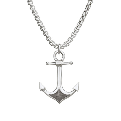 A close-up front view of Close By Me Jewelry's Anchor Cremation Pendant in sterling silver, hanging from a thick sterling silver chain against a white background.