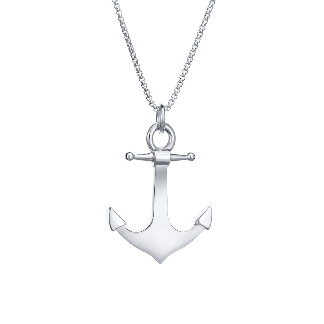 A close-up back view of Close By Me Jewelry's Anchor Cremation Pendant in 14k white gold, hanging from a thin rhodium plated sterling silver chain against a white background.