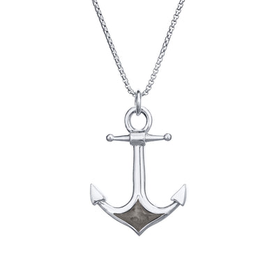 A close-up front view of Close By Me Jewelry's Anchor Cremation Pendant in 14k white gold, hanging from a thin rhodium plated sterling silver chain against a white background.