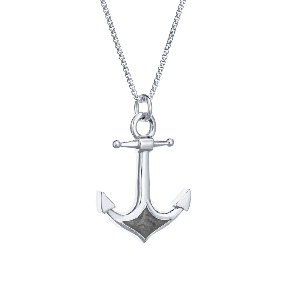 A close-up side view of Close By Me Jewelry's Anchor Cremation Pendant in 14k white gold, hanging from a thin rhodium plated sterling silver chain against a white background.