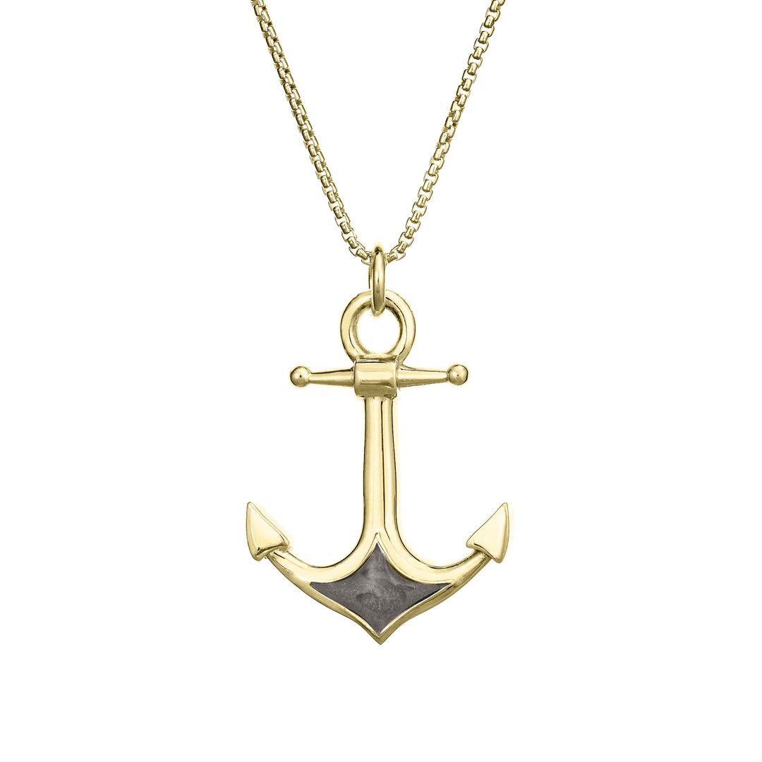 A close-up front view of Close By Me Jewelry's Anchor Cremation Pendant in 14k yellow gold, hanging from a thin yellow gold-filled chain against a white background.