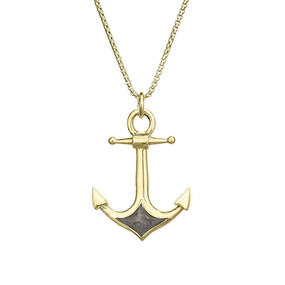 A close-up front view of Close By Me Jewelry's Anchor Cremation Pendant in 14k yellow gold, hanging from a thin yellow gold-filled chain against a white background.