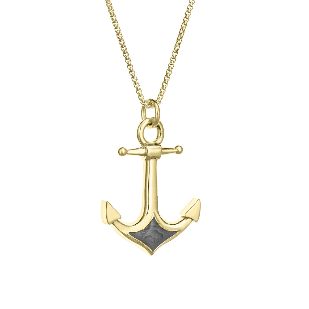 A close-up side view of Close By Me Jewelry's Anchor Cremation Pendant in 14k yellow gold, hanging from a thin yellow gold-filled chain against a white background.