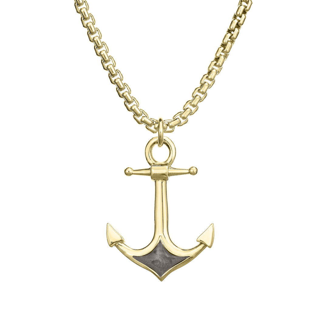 A close-up front view of Close By Me Jewelry's Anchor Cremation Pendant in 14k yellow gold, hanging from a thick yellow gold-filled chain against a white background.
