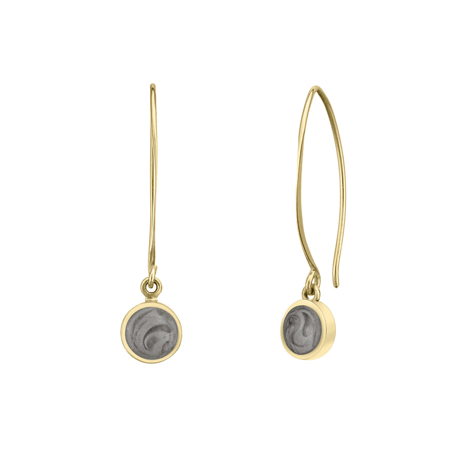 close by me jewelry's cremation dangle earrings with arched ear wires in 14k yellow gold on a white background from the front and at a slight angle