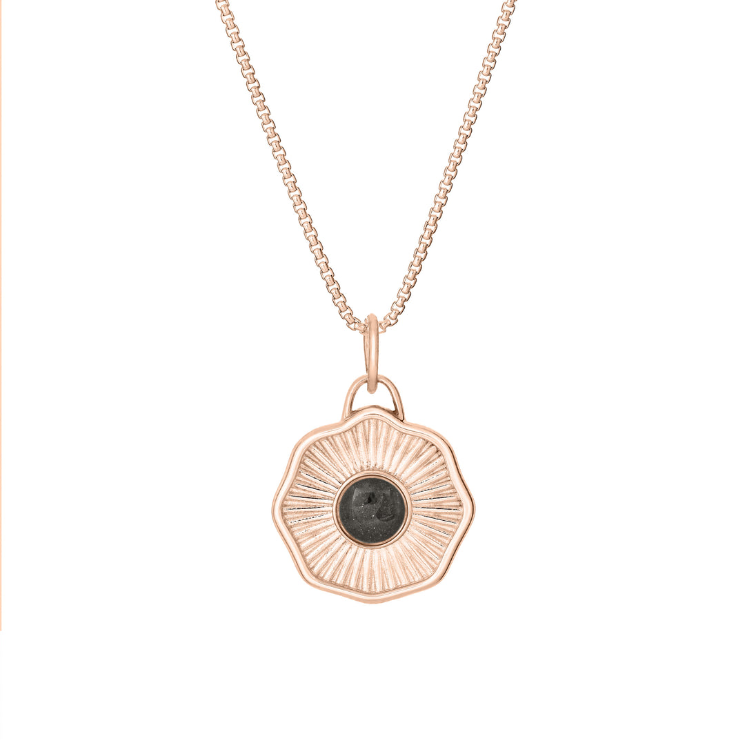 Front of Scalloped Coin "Aurea" Cremation Pendant in 14K Rose Gold on a chain against a white background.