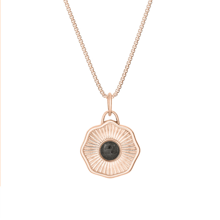 Front of Scalloped Coin "Aurea" Cremation Pendant in 14K Rose Gold on a chain against a white background.