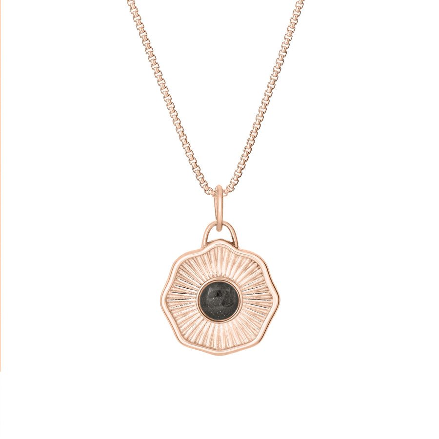 Front of Scalloped Coin "Aurea" Cremation Pendant in 14K Rose Gold on a chain against a white background.