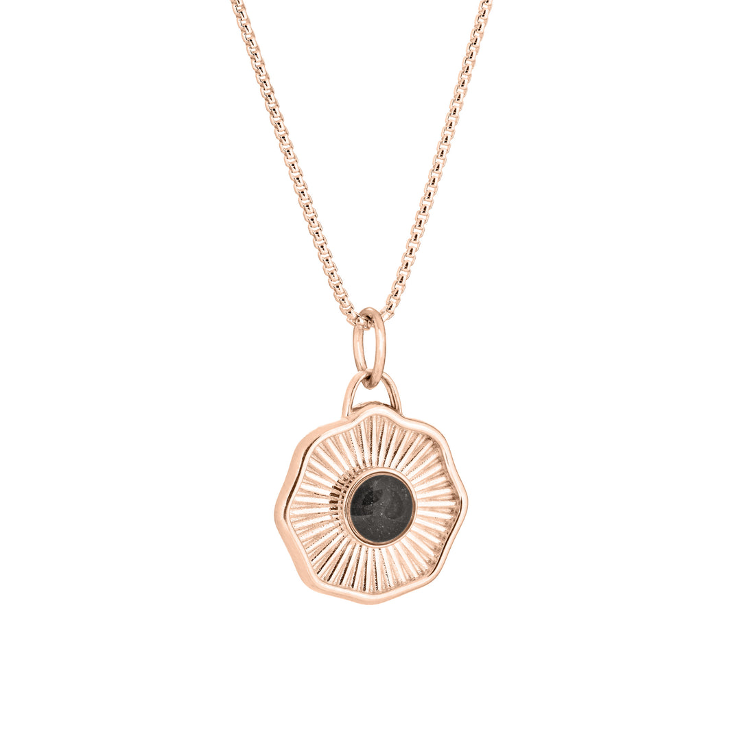 Side of Scalloped Coin "Aurea" Cremation Pendant in 14K Rose Gold on a chain against a white background.