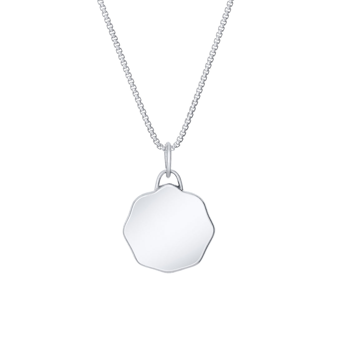 Back of Scalloped Coin "Aurea" Cremation Pendant in 14K White Gold on a chain against a white background.