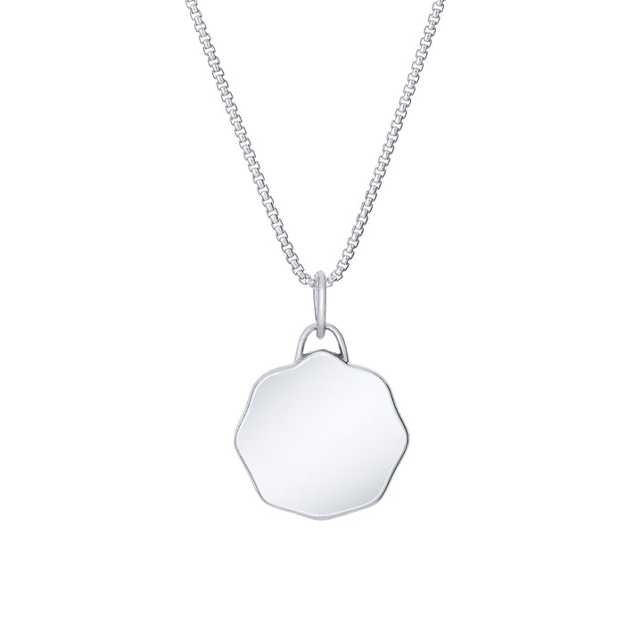 Back of Scalloped Coin "Aurea" Cremation Pendant in 14K White Gold on a chain against a white background.
