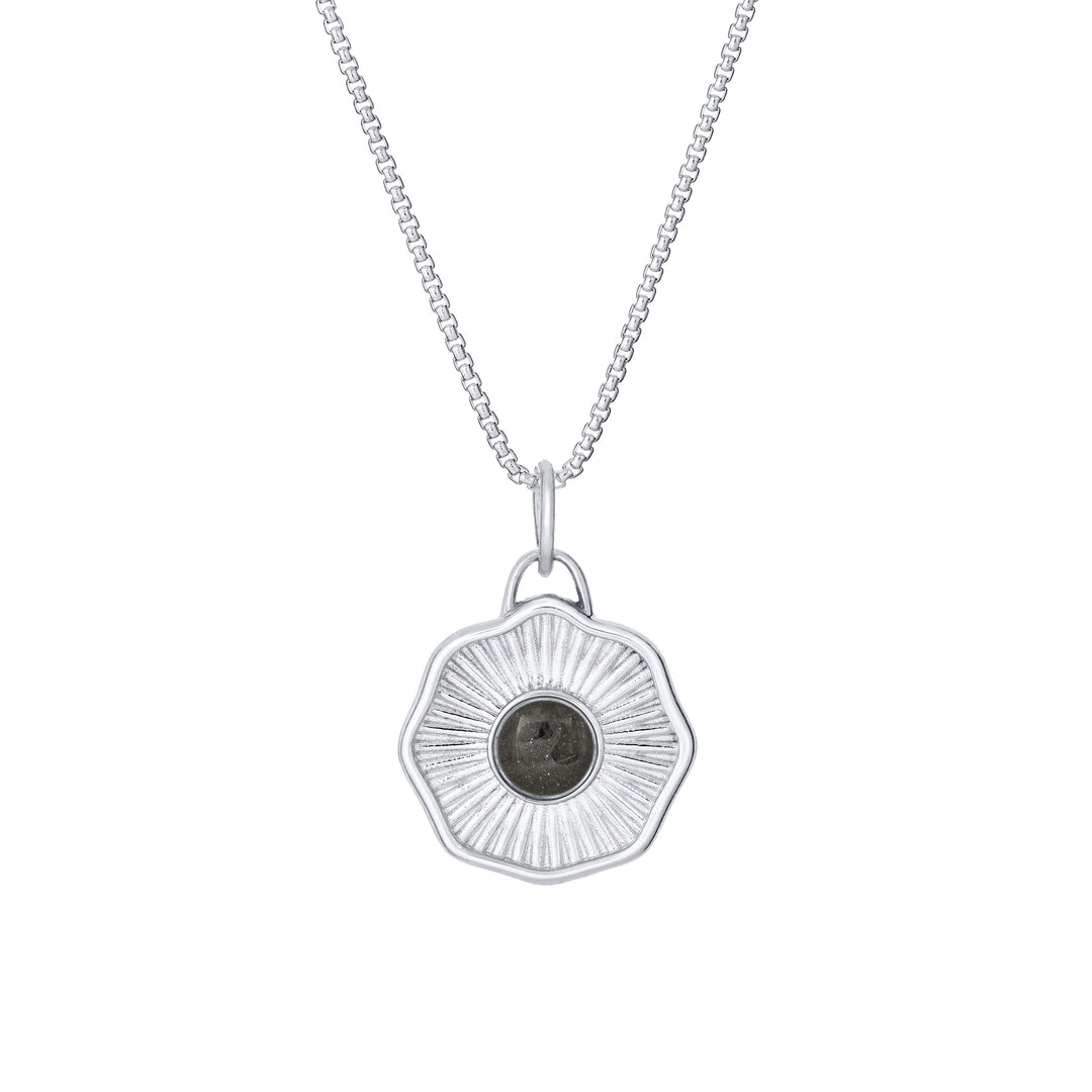 Front of Scalloped Coin "Aurea" Cremation Pendant in 14K White Gold on a chain against a white background.