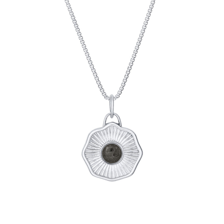 Front of Scalloped Coin "Aurea" Cremation Pendant in 14K White Gold on a chain against a white background.