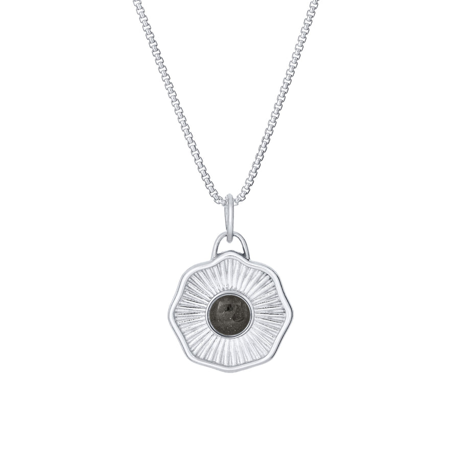 Front of Scalloped Coin "Aurea" Cremation Pendant in 14K White Gold on a chain against a white background.
