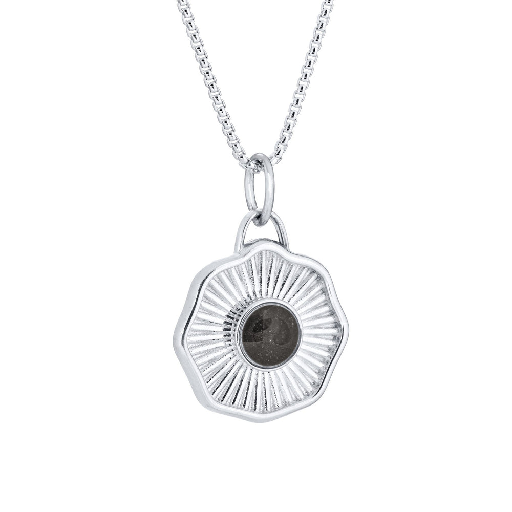 Side of Scalloped Coin "Aurea" Cremation Pendant in 14K White Gold on a chain against a white background.