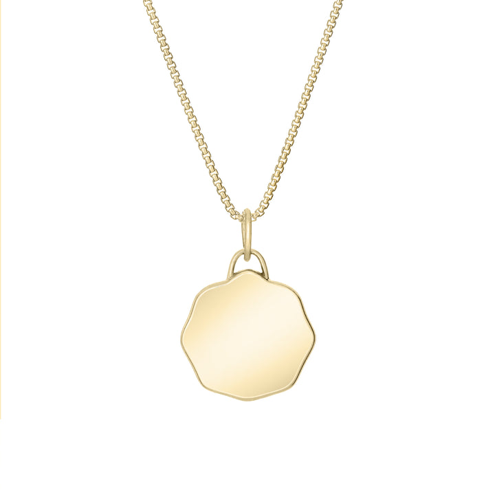 Back of Scalloped Coin "Aurea" Cremation Pendant in 14K Yellow Gold on a chain against a white background.