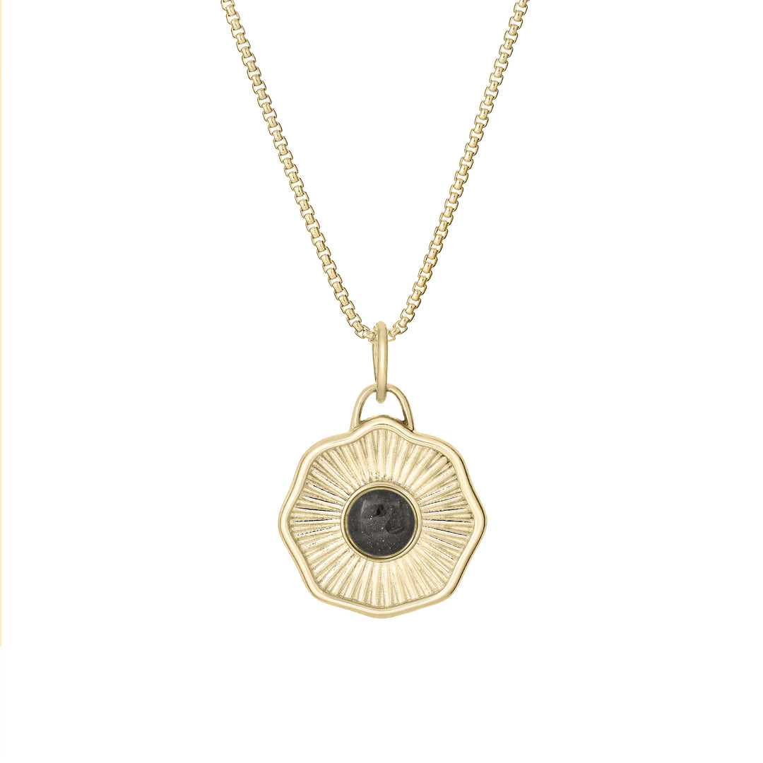 Front of Scalloped Coin "Aurea" Cremation Pendant in 14K Yellow Gold on a chain against a white background.