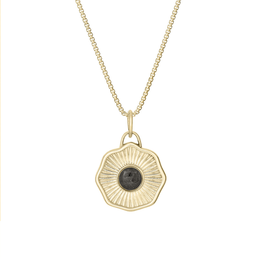 Front of Scalloped Coin "Aurea" Cremation Pendant in 14K Yellow Gold on a chain against a white background.