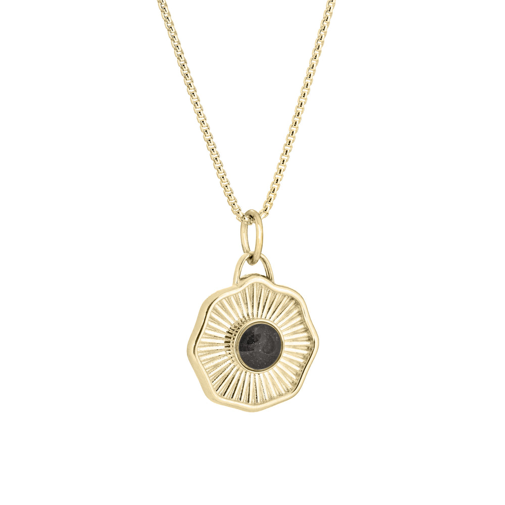 Side of Scalloped Coin "Aurea" Cremation Pendant in 14K Yellow Gold on a chain against a white background.