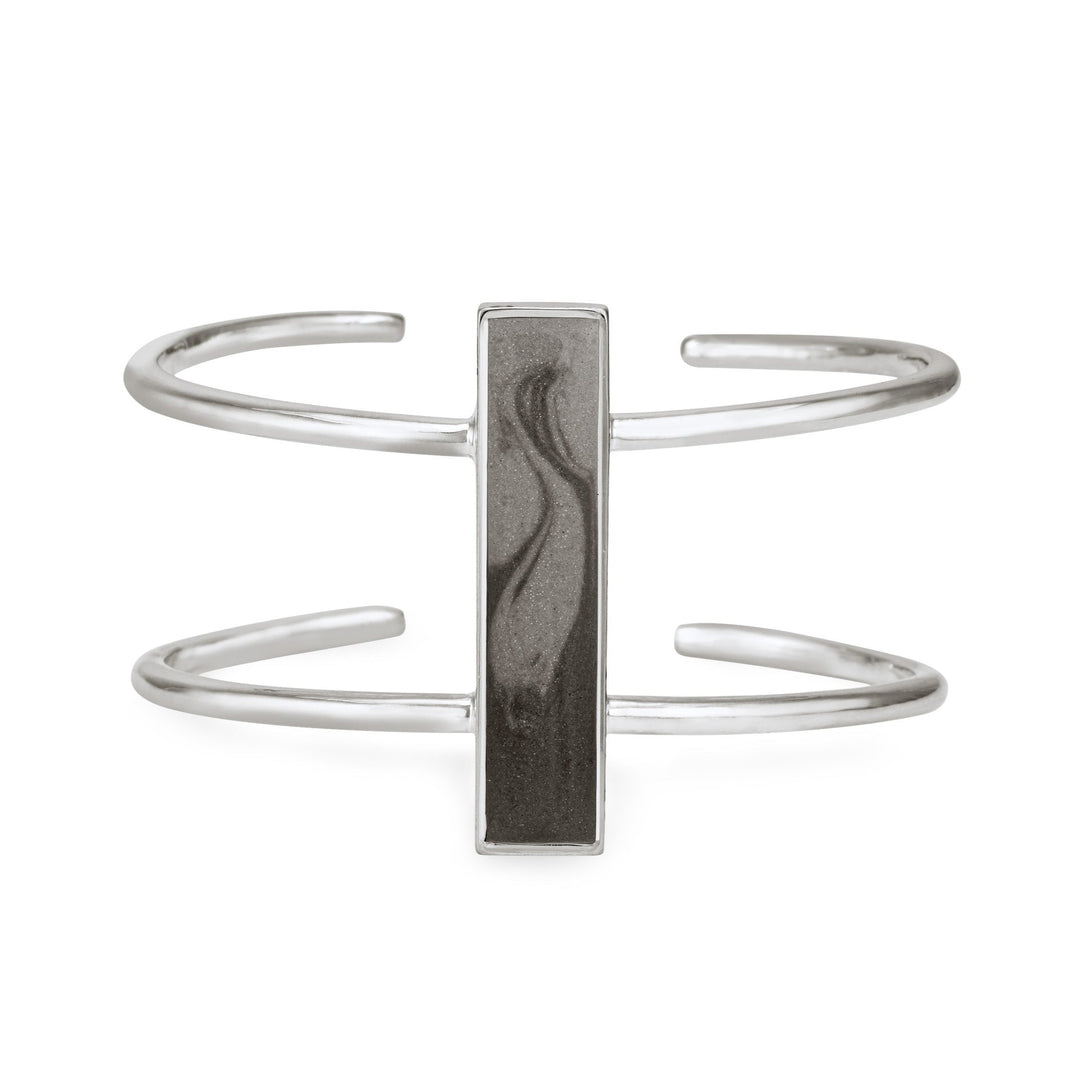 Bar Bangle Bracelet in sterling silver featuring two sets of ashes and pictured from the front.