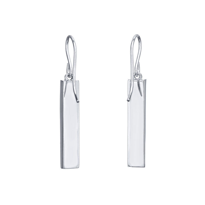 a pair of bar dangle memorial ashes earrings in 14k white gold by close by me jewelry from the back against a white background