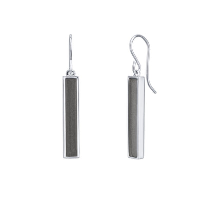 14k white gold memorial earrings with bar shaped ashes settings created by close by me jewelry against a white background from the front