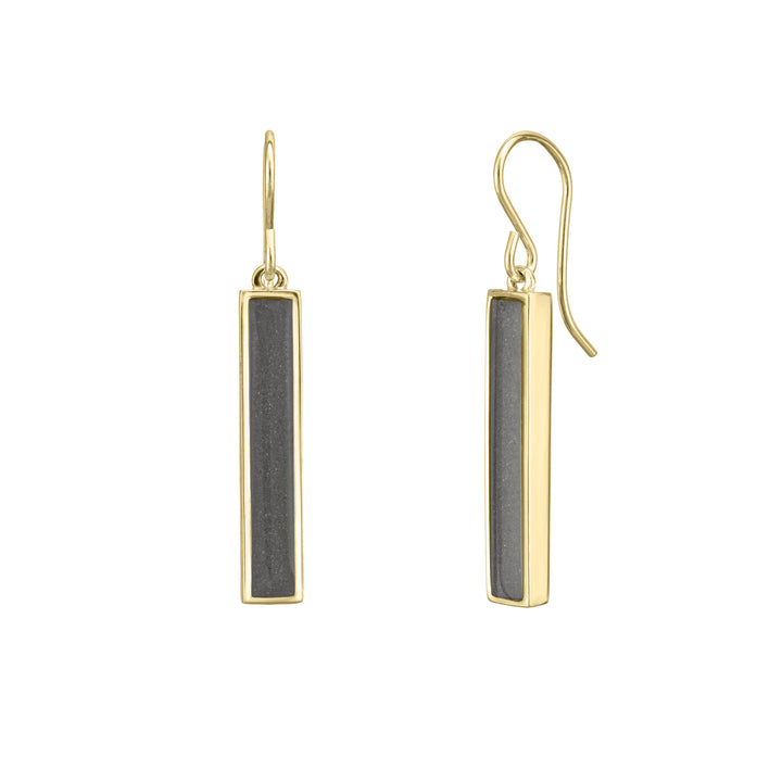 earrings with cremated remains in close by me's 14k yellow gold bar style from the front against a white background