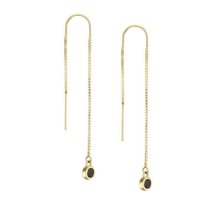 the 14k yellow gold bilateral chain ashes earrings designed by close by me from a slight angle