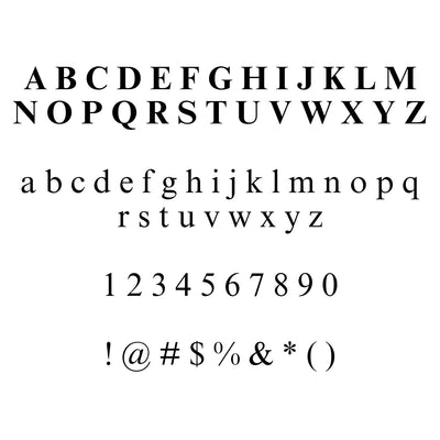 This is an example of the Block Font option for engraving. It lists all the letters of the English alphabet capitalized and then lowercase, as well as numbers one through nine and then a list of simple, common symbols and punctuation.