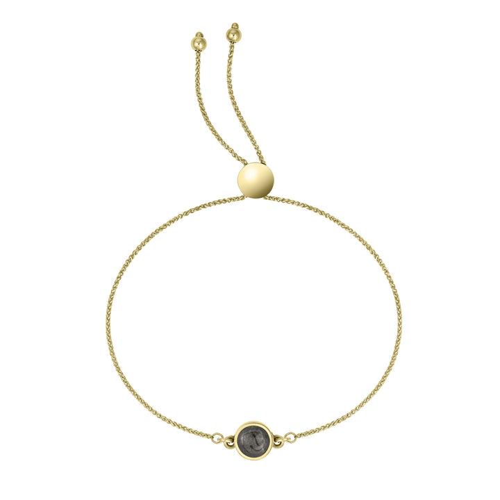 Bolo Chain Cremation Bracelet in 14k Yellow Gold featuring cremated remains in charm, pictured from the front.