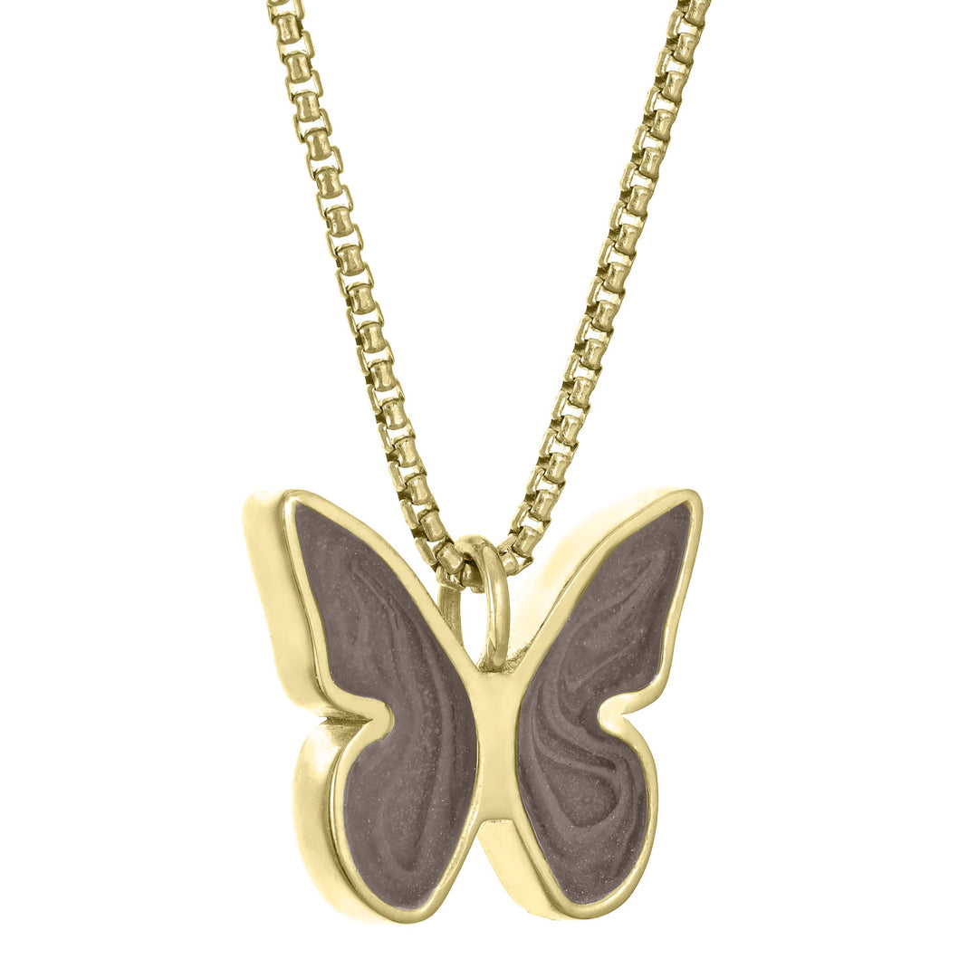 Pictured here is close by me jewelry's Butterfly Pendant with Cremains in 14K Yellow Gold from the side