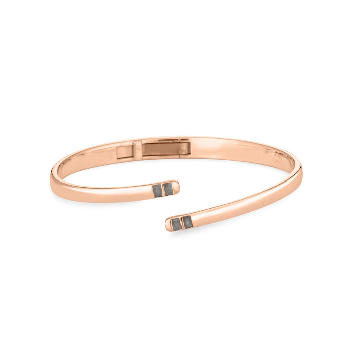 Front view of Close By Me's 14K Rose Gold Bypass Hinged Cuff Cremation Bracelet, centered in a solid white square.