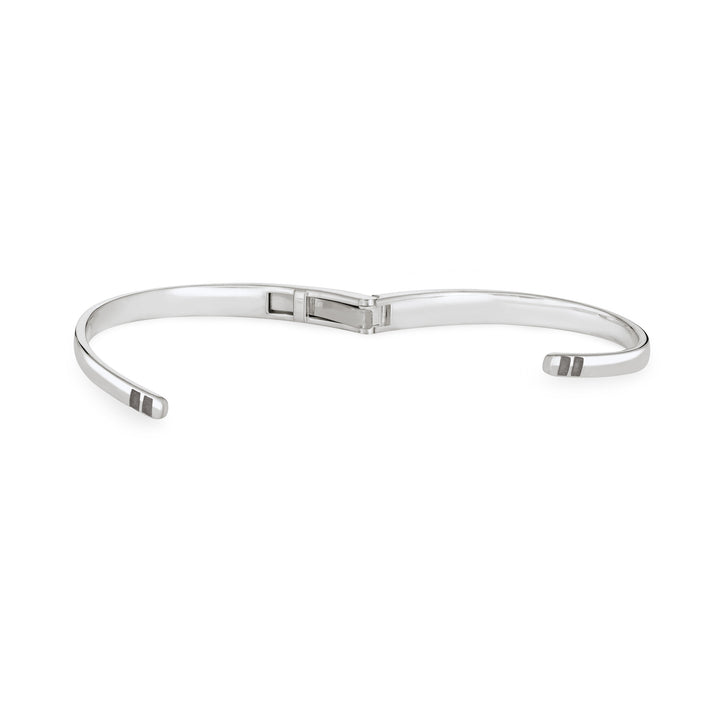 Front view of Close By Me's Sterling Silver Bypass Hinged Cuff Cremation Bracelet in an opened position, centered in a solid white square.