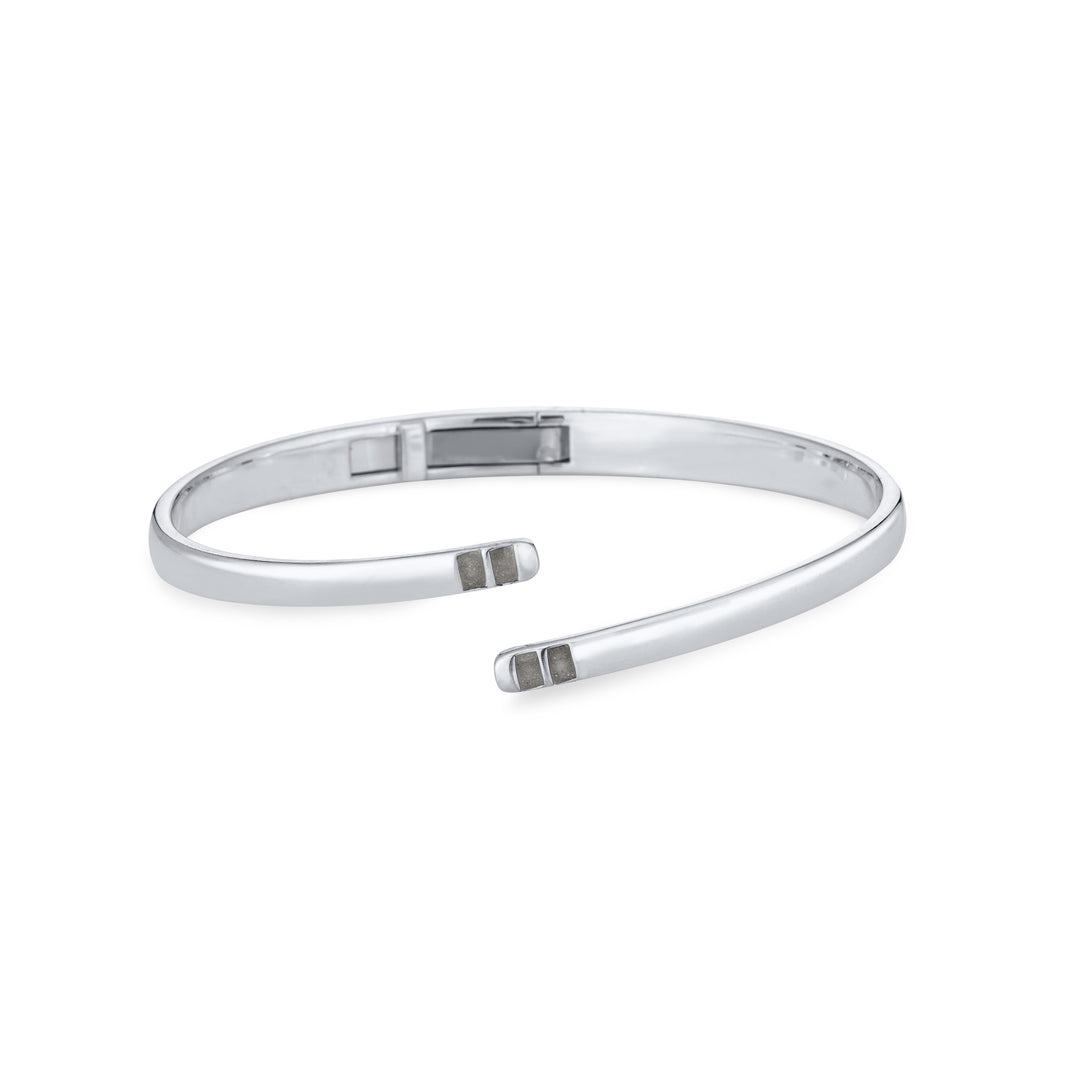 Front view of Close By Me's 14K White Gold Bypass Hinged Cuff Cremation Bracelet, centered in a solid white square.