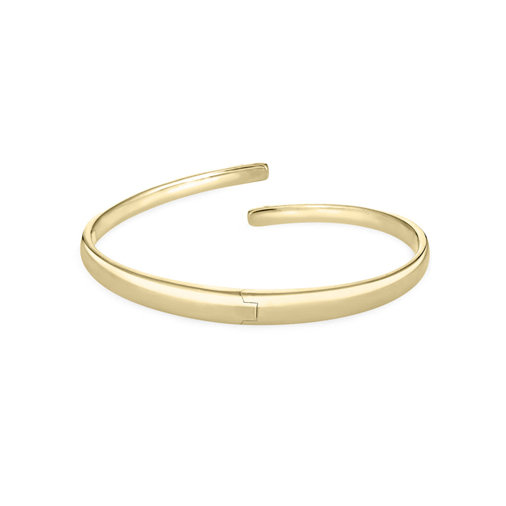 Back view of Close By Me's 14K Yellow Gold Bypass Hinged Cuff Cremation Bracelet, centered in a solid white square.