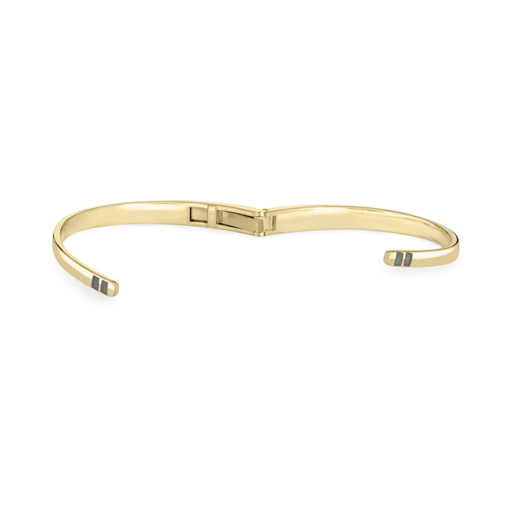 Front view of Close By Me's 14K Yellow Gold Bypass Hinged Cuff Cremation Bracelet in an opened position, centered in a solid white square.