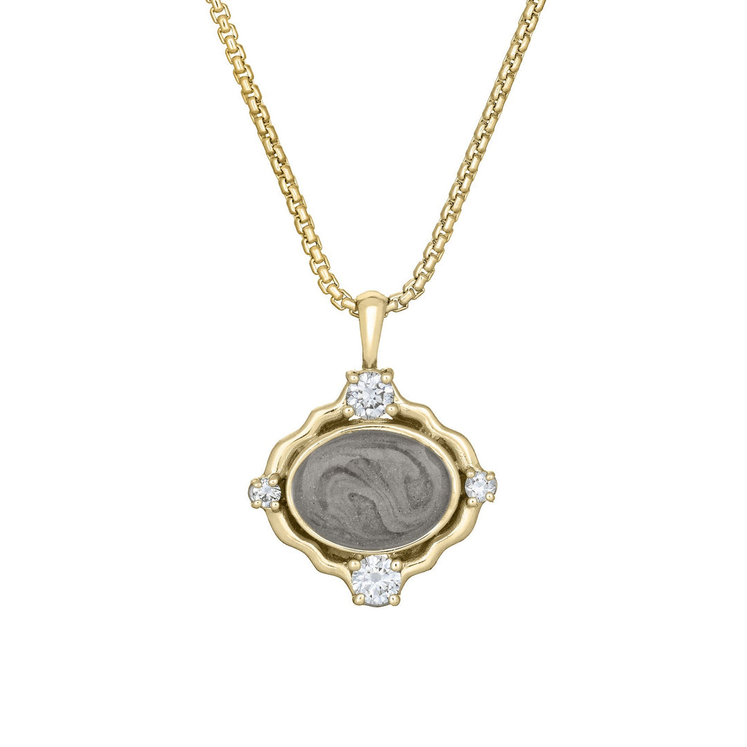 Scalloped Oval Cremation Necklace in 14K Yellow Gold with Diamonds