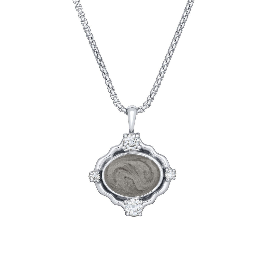 Scalloped Oval Cremation Necklace in 14K White Gold with Diamonds