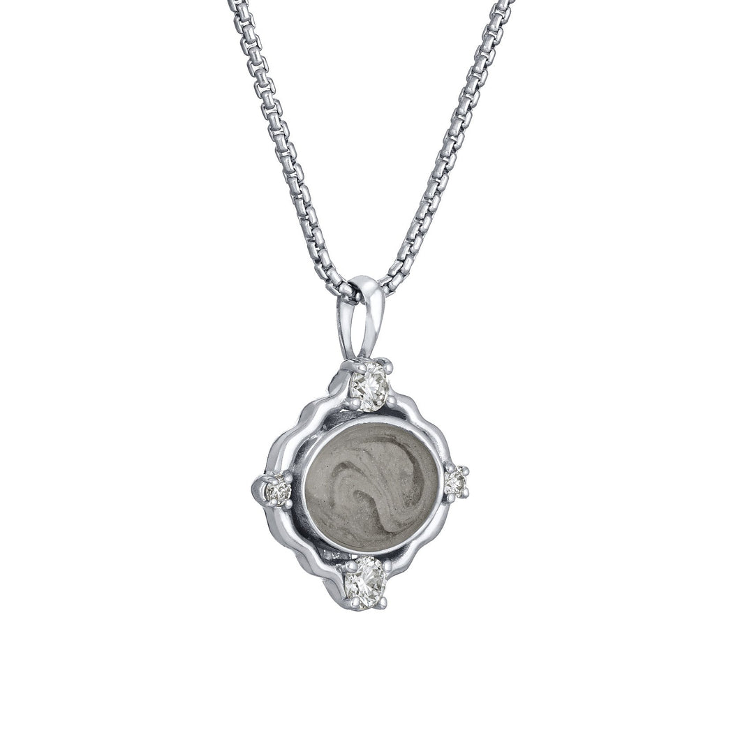 Scalloped Oval Cremation Necklace in 14K White Gold with Diamonds
