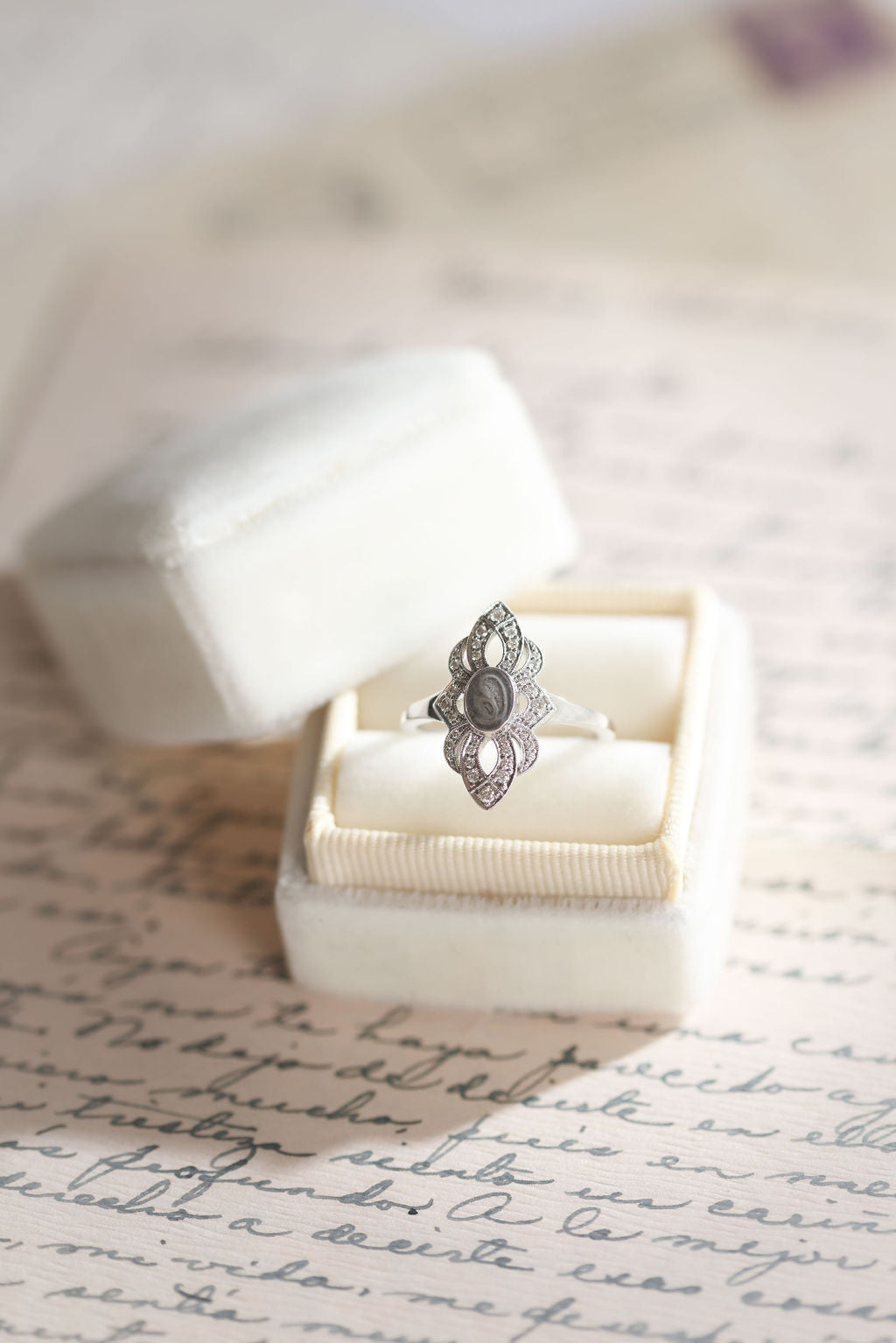 WWII Cremation Ring in 14K White Gold with Diamonds