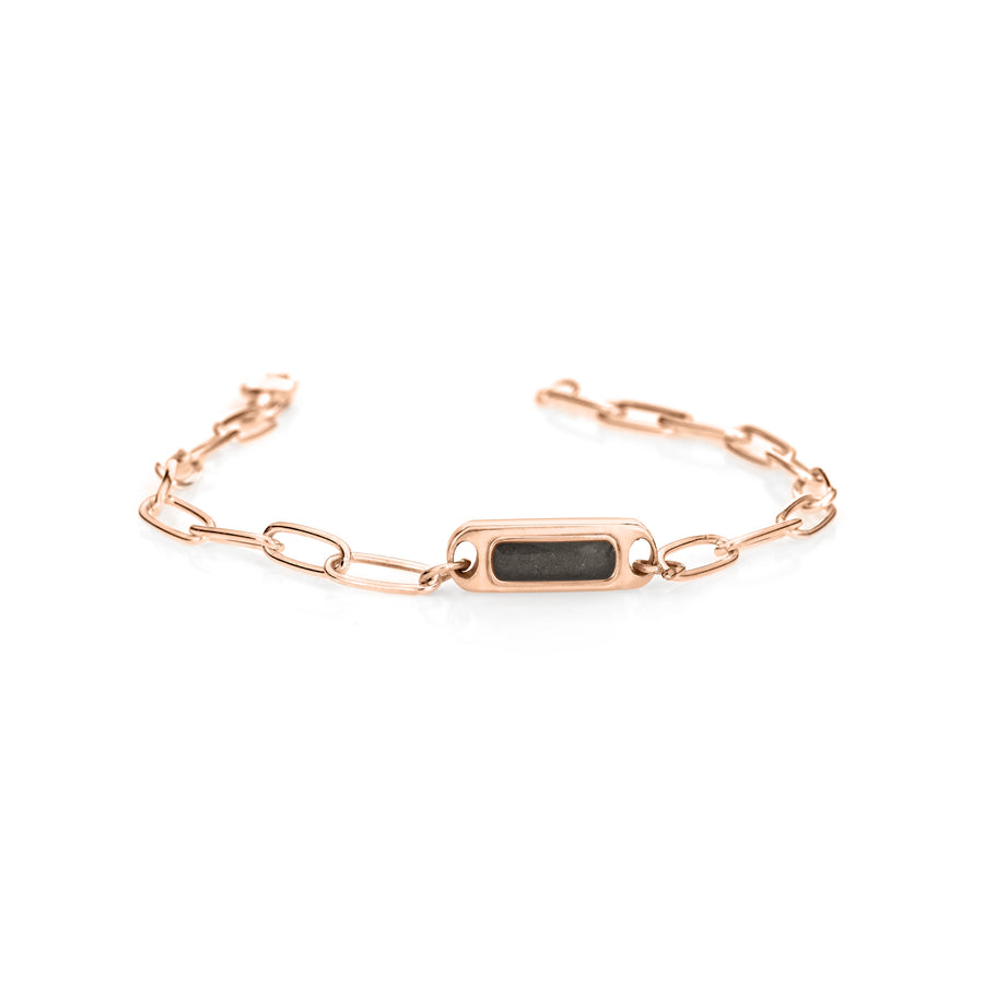 Front view of Close By Me's Chain Link Cremation Bracelet in 14K Rose Gold, laying flat and unclasped, against a solid white background.