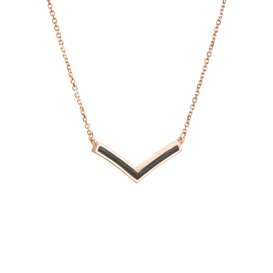 close by me jewelry's 14k rose gold chevron cremation necklace from an angle